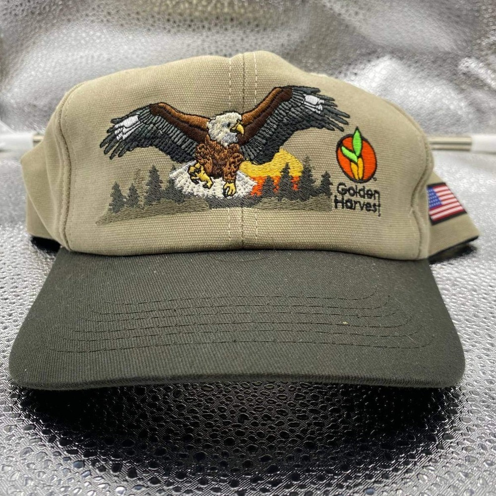 Vintage Golden Harvest K-Products  Hat Mens OSFA Tan Eagle Embroidery USA Flag
